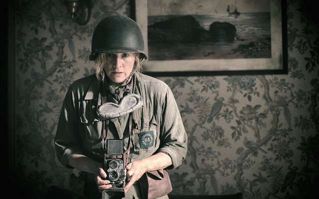 Kate Winslet as Lee Miller in LEE (2023), showing the story of a brave war photographer.